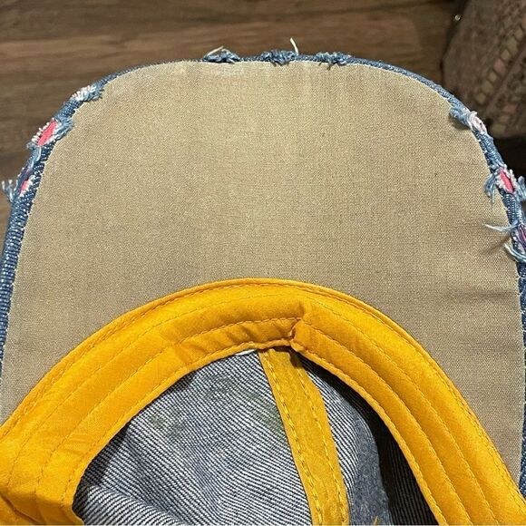 Magid Rhinestone Distressed Denim Love Ball Cap Hat Red and Silver Rhinestones - Picture 6 of 10